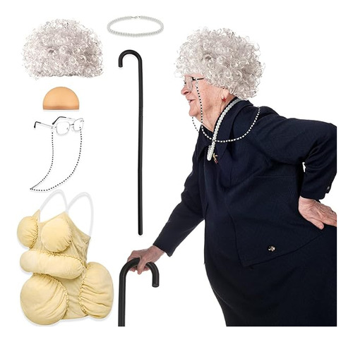 6pcs Old Lady Costume Set Women S Fat Suits Granny Wig Folda