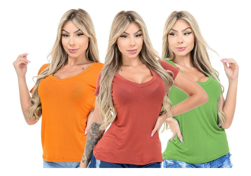 Kit 3 Blusa T Shirt Camiseta Decotada Feminina Podrinha