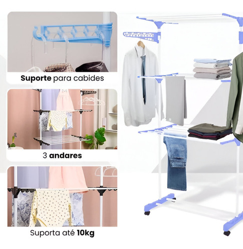 Kit Varal De Chão 3 Andares Azul Cabide Saco De Lavar Roupas Azul
