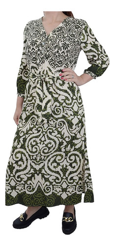 Vestido Feminino Infini Viscose Longo Estampado Verde S9378