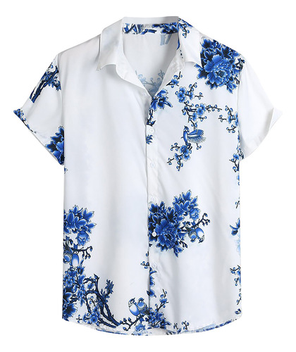 Camisa Cómoda De Manga Corta Estilo Vacacional Hawaiano B Pa