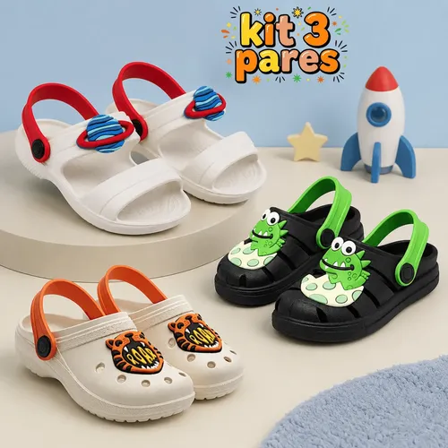 Kit 3 Pares Sandália Infantil Menino Papete Leve Personagens
