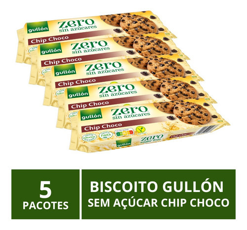 Biscoito Gullón Sem Açúcar, Chip Choco, 5 Pacotes