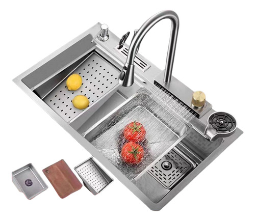 Cuba Pia Cascata Premium Completa Com Acessórios Torneira Monocomando + Lavador De Copos Cozinha Cor Prata Gourmet Aço Inox 304 Duckly
