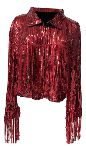 3 Chaqueta Con Borlas De Lentejuelas Para Mujer, Abrigo Rojo