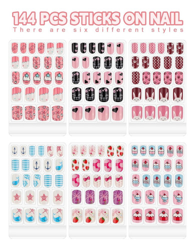 Uñas Postizas Cortas Kalolary Para Niñas, 144 Unidades, Rega Color Rosa