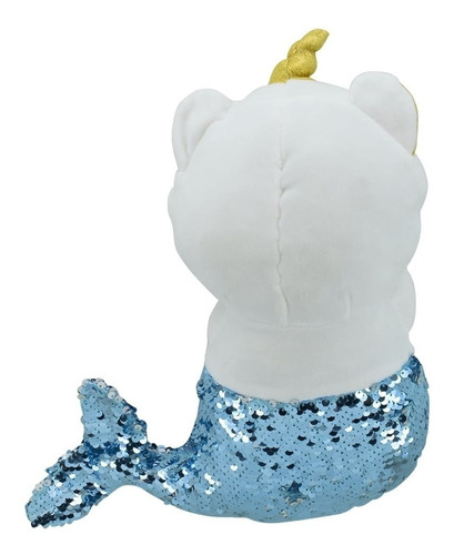 Sereia De Gato Branco Chifre Lantejoulas Azul Prateado 35cm