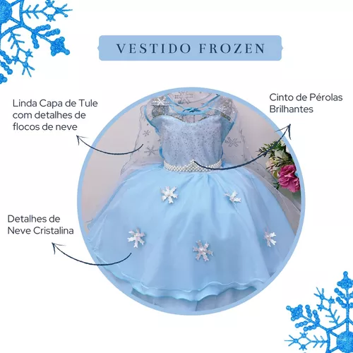 VESTIDO INFANTIL FROZEN AZUL PRINCESAS COM CAPA LUXO