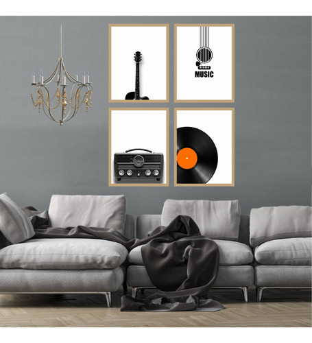 Kit 4 Quadros Decorativos Disco Vinil Rádio Violão Moldura