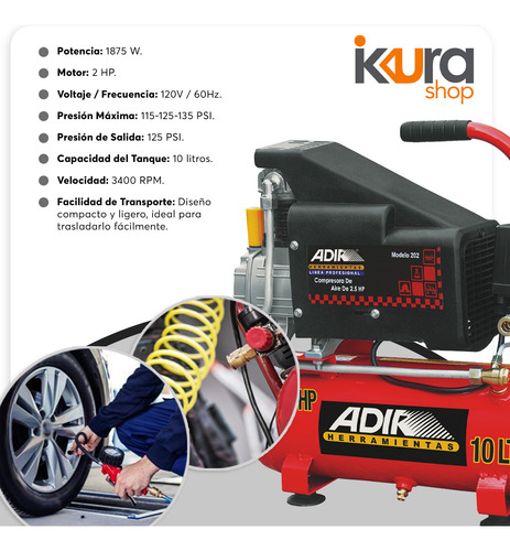 Compresor Eléctrico Lubricado 2hp 10 Lts Adir 201 Rojo
