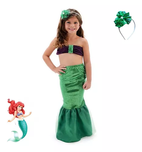 Vestido Infantil Fantasia Princesa Ariel Sereia Longo Cauda