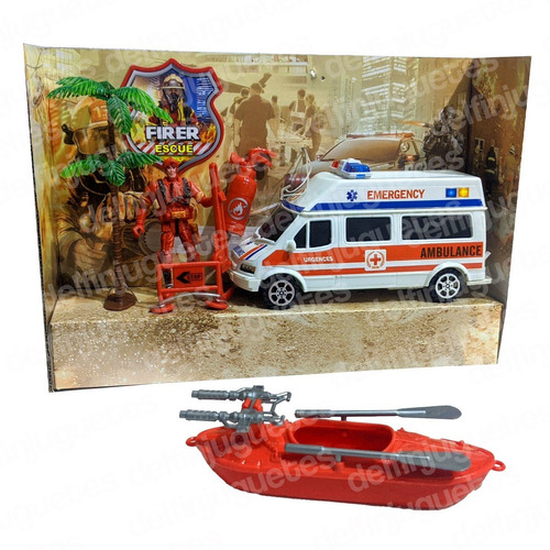 Set De Rescate Ambulancia + Kayak  + Bombero + Accesorios