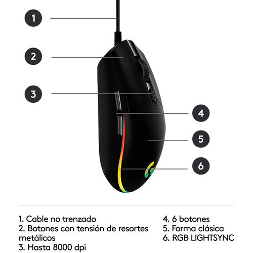 Mouse Gamer Logitech G203 Rgb Lighsync 6 Botones 8000 Dpi