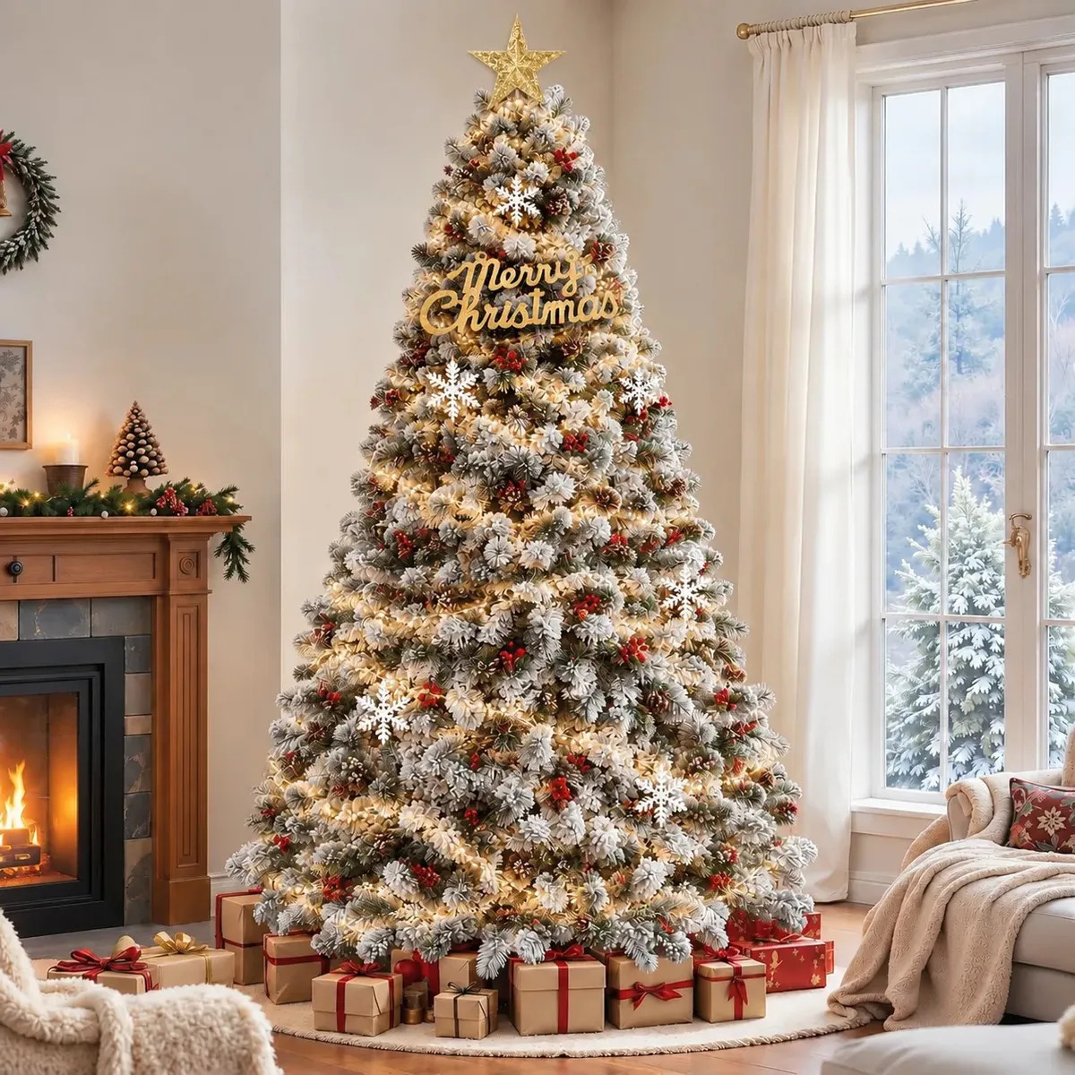 1.8m Árbol De Navidad Nevado, Con Luces 1000 Ramas De Pvc Y Base Metálica,árbol De Navidad Artificial Con Bayas Rojas Y Piñas, Soporte De Metal, Decoraciones Navideñas Para Uso Blanco