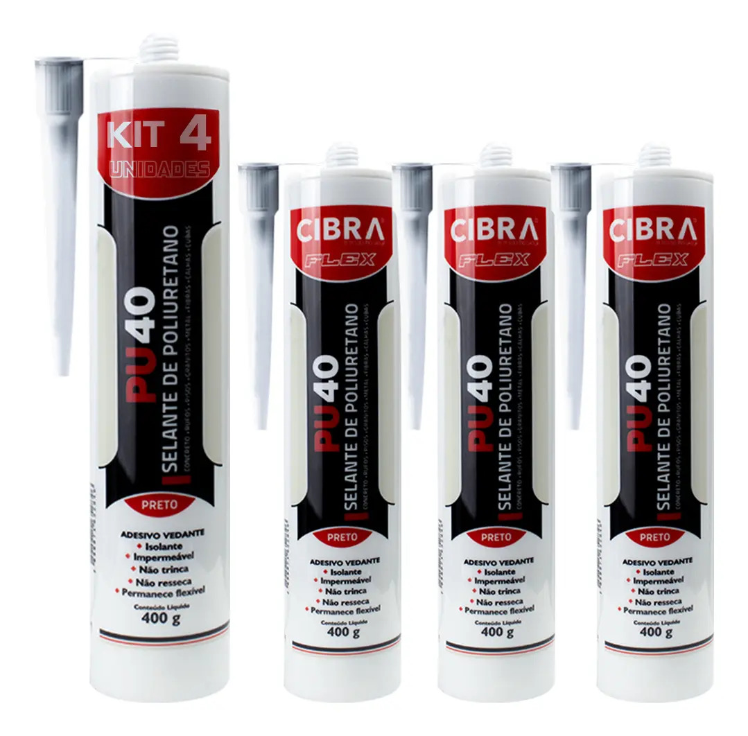 Kit 4 Unid Selante Poliuretano Cola Adesivo Pu 40 Cibra Flex Preto