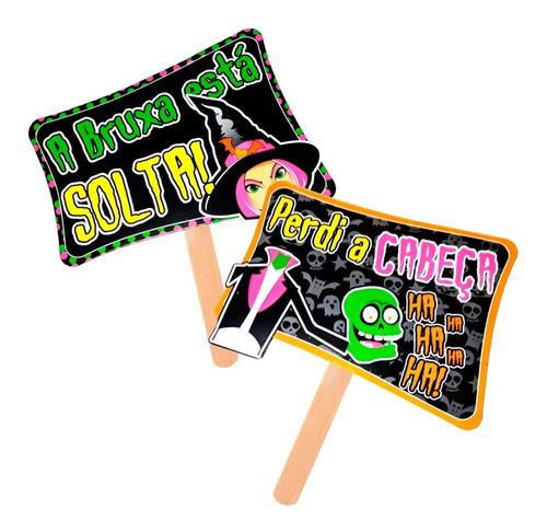 Imagem 2 de 6 de Placas Divertidas Halloween Neon - Kit 10 Unidades