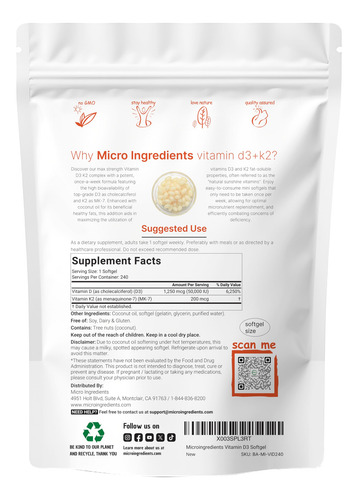 Micro Ingredients Vitamina D3 50000 Ui + K2 240 Cápsulas