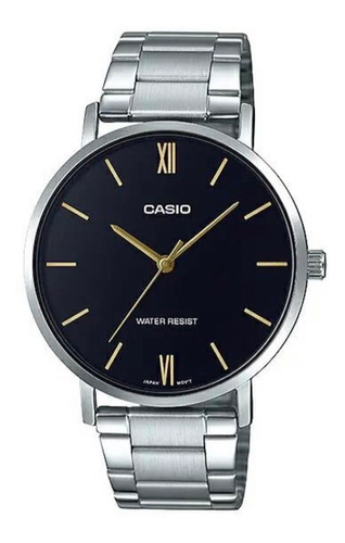Reloj de pulsera Casio Dress MTP-VT01 de cuerpo color plateado, analógico, para hombre, fondo negro, con correa de acero inoxidable color plateado, agujas color dorado, dial dorado, bisel color plateado y desplegable