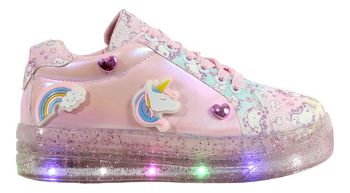 Tenis Unicornio Niña Luces Led Velcro Brillos Comodo Kuali