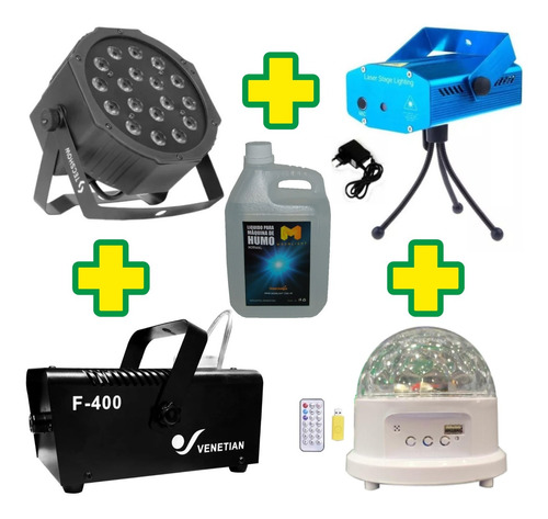 Combo Luces Led Dj Bola Proton 18 Laser Lluvia Maquina Humo