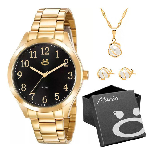 Relogio Feminino Dourado Aço Inox + Colar + Brincos + Caixa