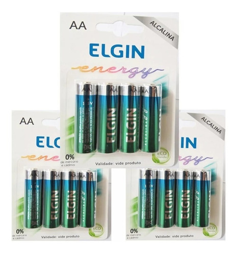 12 Pilha Alcalina A A Elgin Energy Lr6 1,5v  Blister Com 4