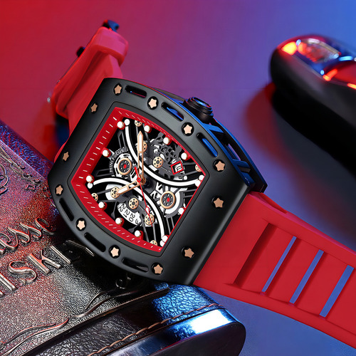 Relógio de luxo masculino Mini Focus Skeleton Square com moldura vermelha/preta