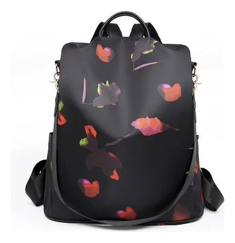 Mochila Antirrobo Cartera Mujer Impermeable Bolso Dama Atrix Color Negro Diseño De La Tela Floreado