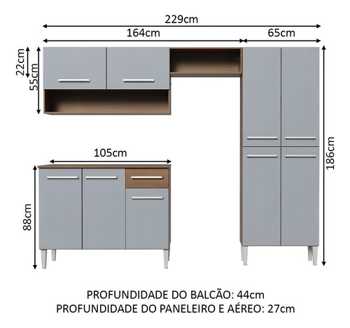 Armário De Cozinha Compacta Madesa Emilly Pop Com Balcão Rc Cor Rustic/Cinza