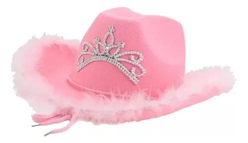 Sombrero Cowboy Rosa Tiara Plumas Disfraz Barbie Vaquera