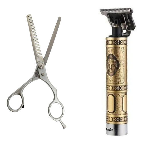 Maquina De Cortar E Acabamento Cabelo + Tesoura Fio Navalha Cor Dourado 110V/220V