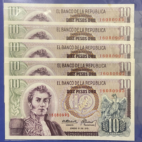 5 Billetes Consecutivos 10 Pesos Oro 1975