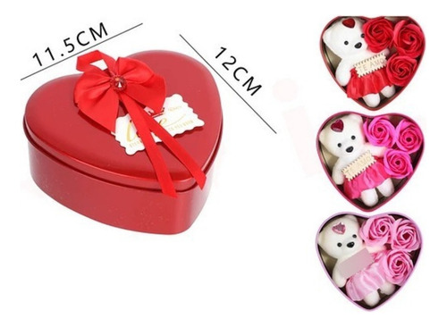Cajita Con Forma De Corazón + Oso + Rosas
