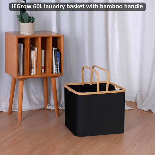 Cesta De Lavandería Plegable 60l Con Mango De Bambú Negro