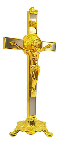 Crucifixo De Mesa Pequeno Cruz Parede Metal Prata 20cm Cor Dourada