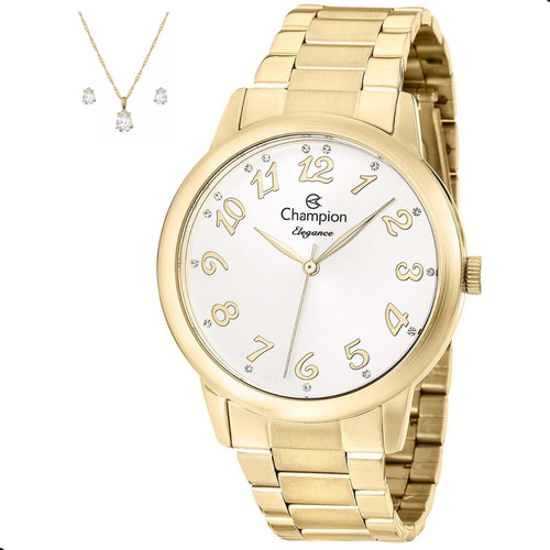 Relógio Champion Feminino Cn29409d + Colar E Brincos Cor da correia Dourado Cor do bisel Dourado Cor do fundo Branco 3