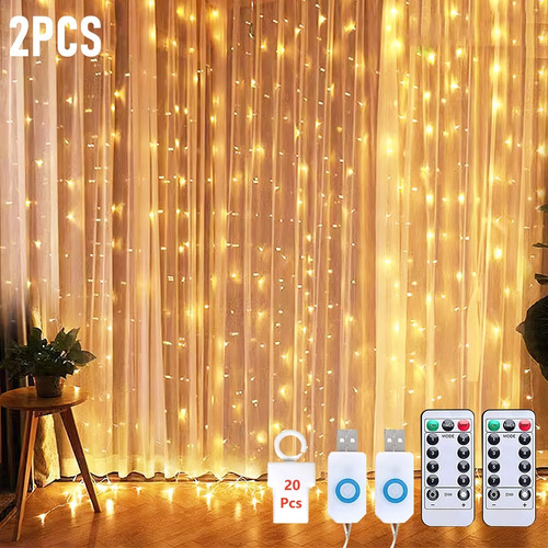 Cortinas Serie Luces 300 Led Decorativas Usb 3x3m 2 Piezas