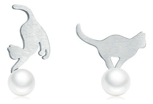 Aretes Topos Para Mujer Gato Con Perlas En Plata 925
