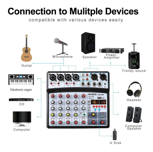 Consola 6 Canales Audio Mixer Usb, Bluetooth, Mp3, Rec, Pc
