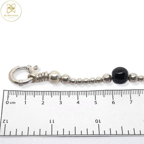 Imagen 5 de 7 de Pulsera Plata Bolitas Y Piedras Naturales Negras X 20cm