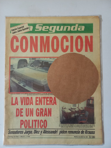 Periódico.  Asesinato De Jaime Guzmán Errazuriz  . 1991.