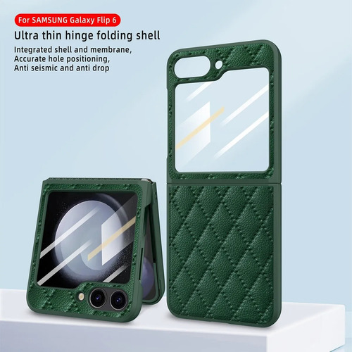 Funda De Lujo Cuero Ecológico Para Samsung Z Flip 6 Verde Oscuro