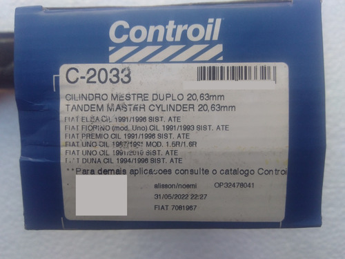Cilindro Mestre Uno 1.5r 1.6r 87 88 89 90 91 92 93 Controil