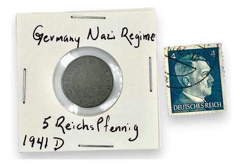 Estampilla Hitler + Moneda 5 Pfennig 1941 D Alemán Swastika