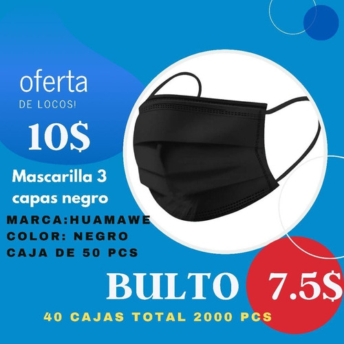 Mascarilla Tapa Bocas  Desechables 3 Capas Colores Negra