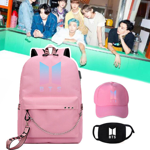 Kpop Set Bts Mochila Escolar Máscara Gorra