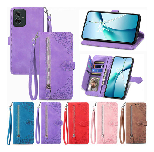 Funda De Piel Sintética Con Estampado De Flores Con Cremallera Para Motorola