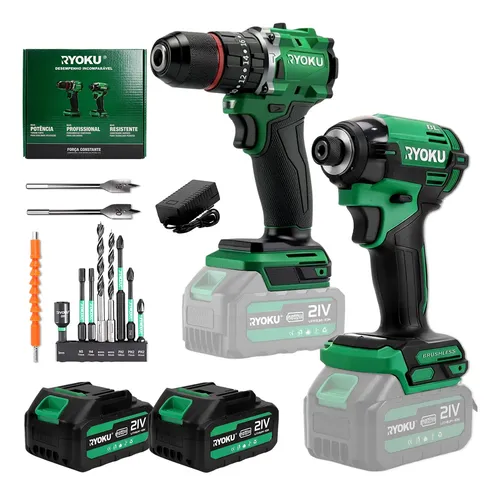 Kit 2 Furadeira E Parafusadeira De Impacto Brushless Ryoku Verde 127/220v