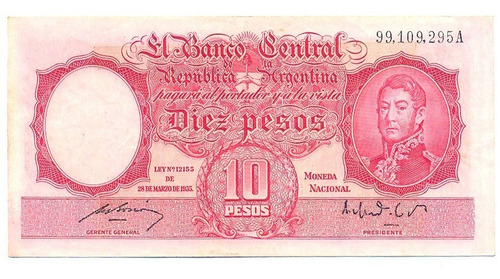 Billete Moneda Nacional 10 Pesos B 1939 Firmas Negras Bello