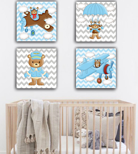 Cuadros Decorativos Para Bebe Osito Aviador 23x23 (4pz)